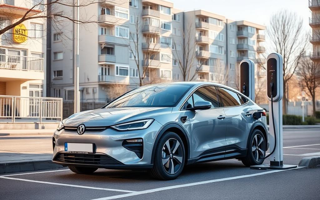 Elektroauto an öffentlicher Ladesäule in einer Wohnstraße