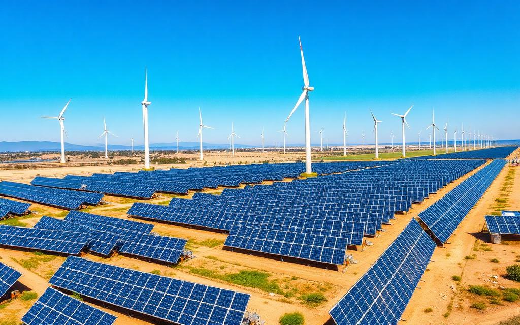 Solarpark mit Windrädern aus der Vogelperspektive