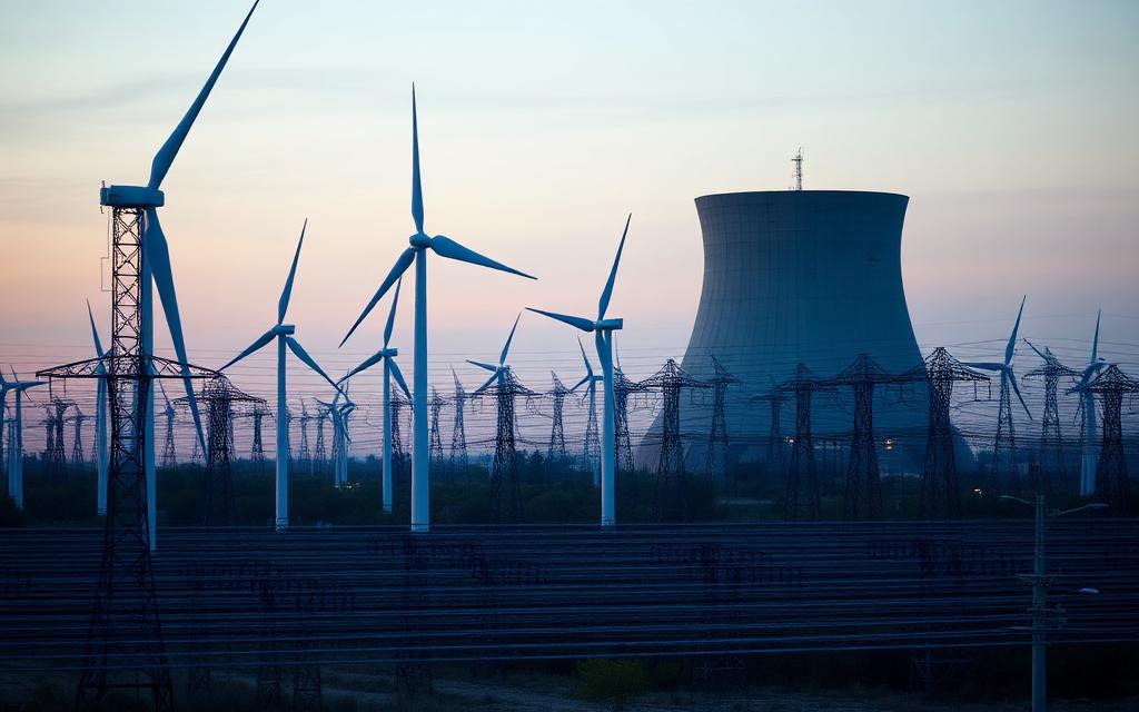 Windräder vor einem stillgelegten Kühlturm in der Dämmerung