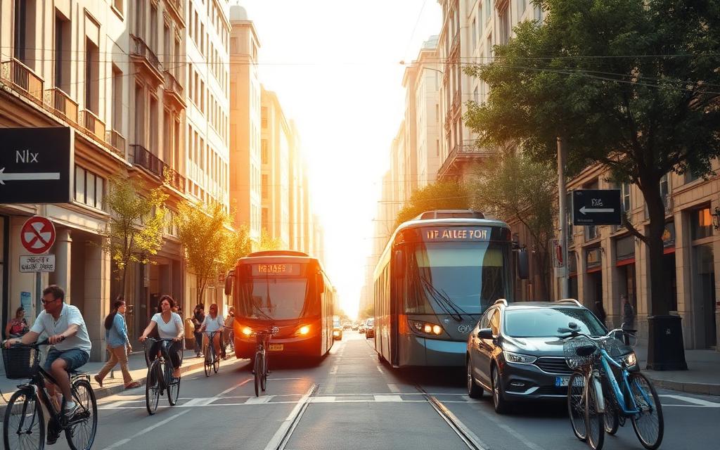 Belebte Stadtstraße mit Fahrrädern und Straßenbahn