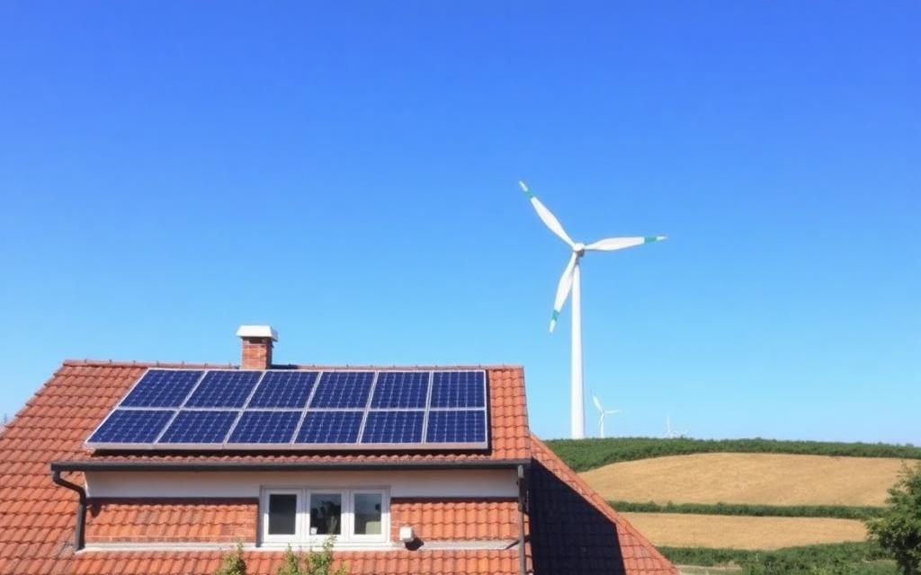 Photovoltaikanlage auf einem Hausdach mit Windrad im Hintergrund