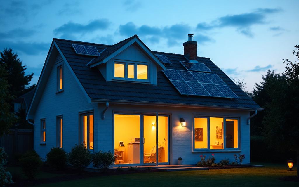 Haus mit Solaranlage und warm beleuchteten Fenstern in der Dämmerung