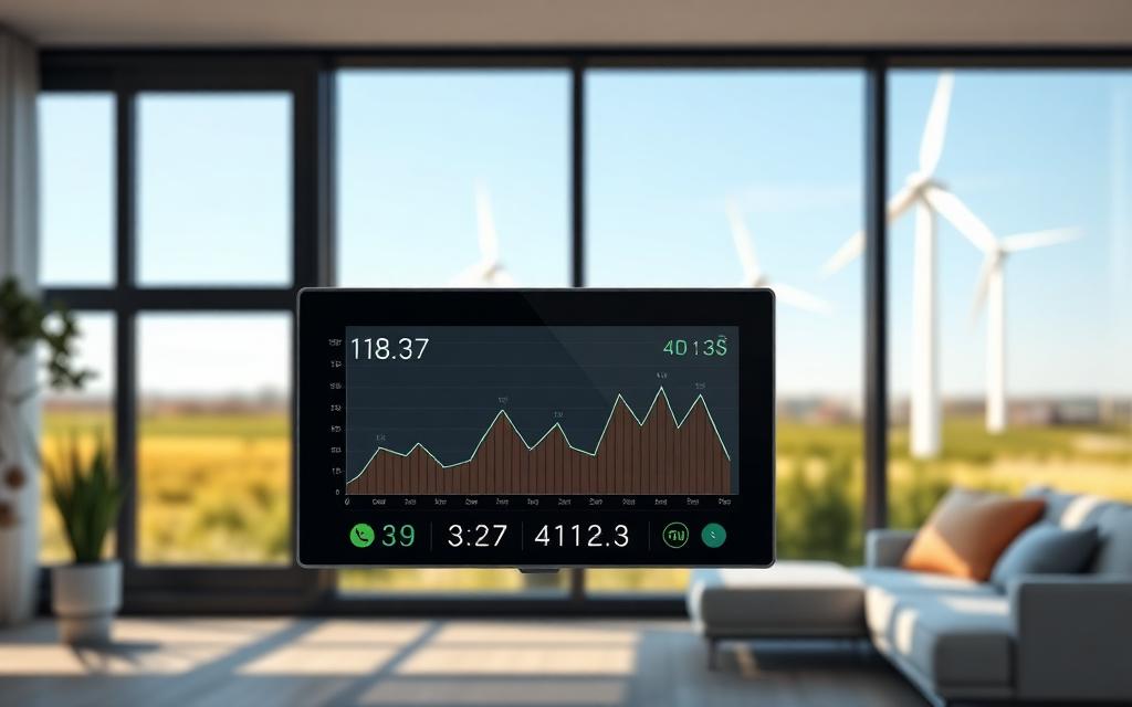 Smart-Home-Display mit Energiediagramm, Windräder im Hintergrund