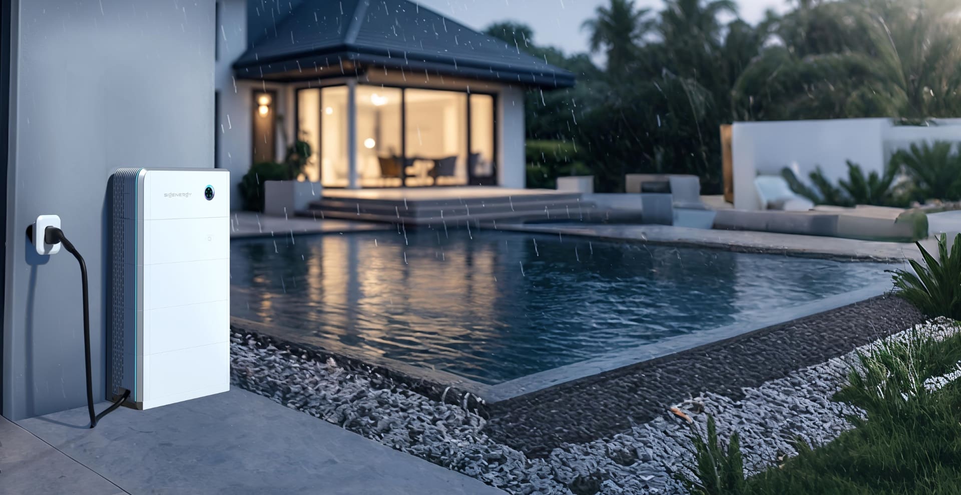 Sigenergy SigenStor Heimspeicher an einem modernen Haus mit Pool