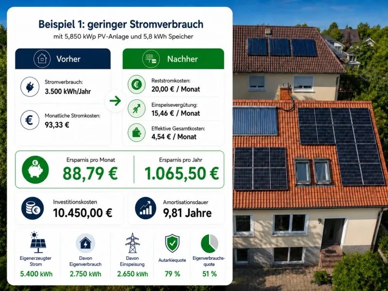 Beispiel 1: geringer Stromverbrauch mit 5,85 kWp PV-Anlage