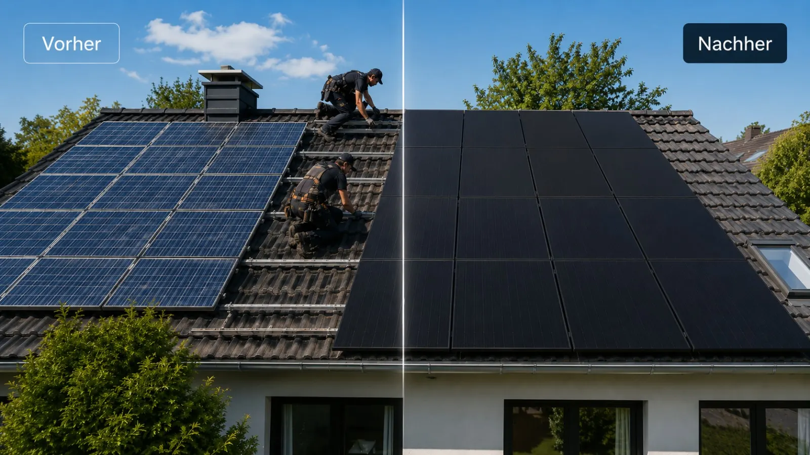 Vorher-Nachher-Vergleich: alte PV-Anlage links, neue moderne Module rechts auf demselben Dach