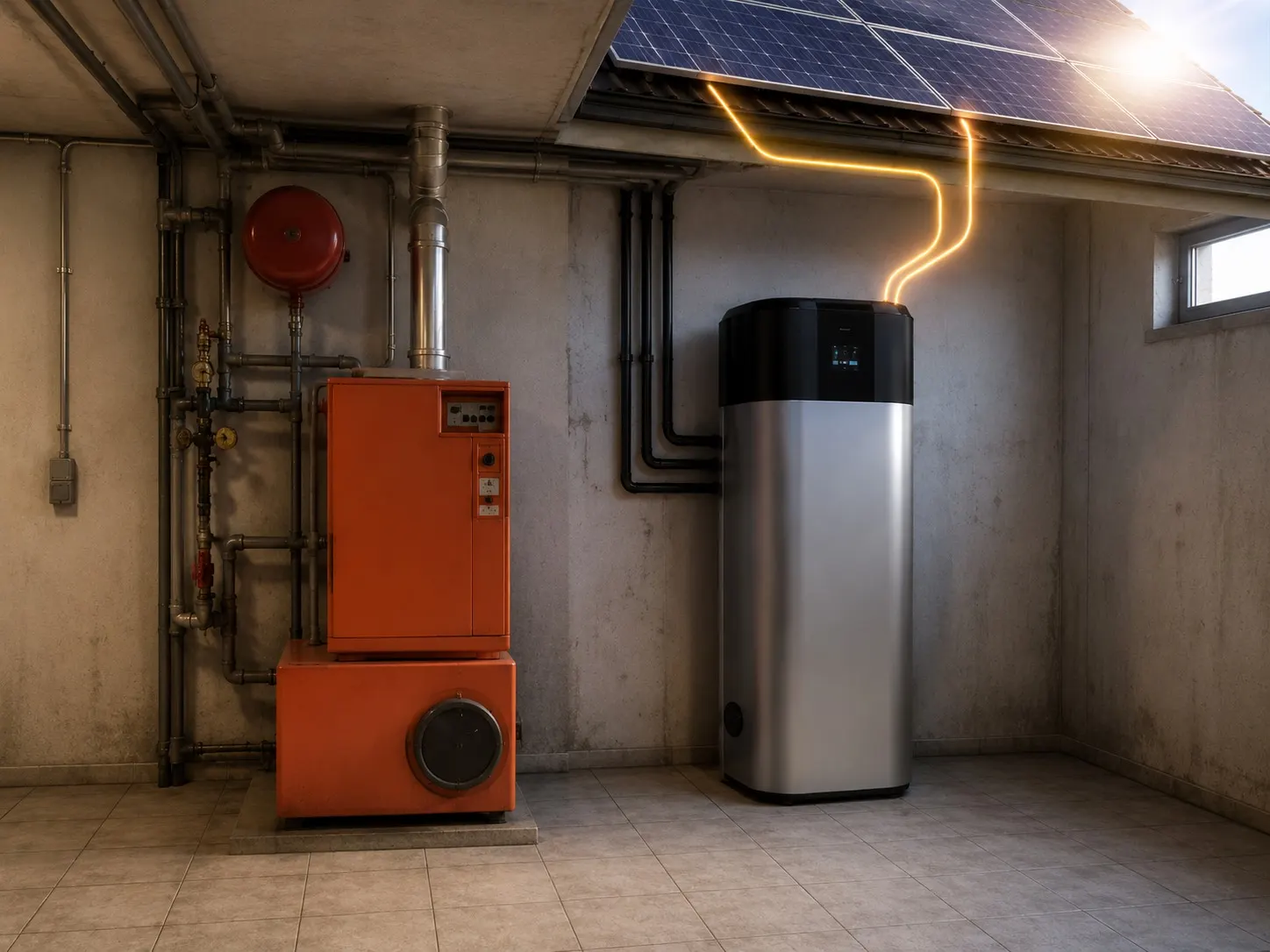 Brauchwasserwärmepumpe und Warmwasserspeicher in modernem Hauswirtschaftsraum