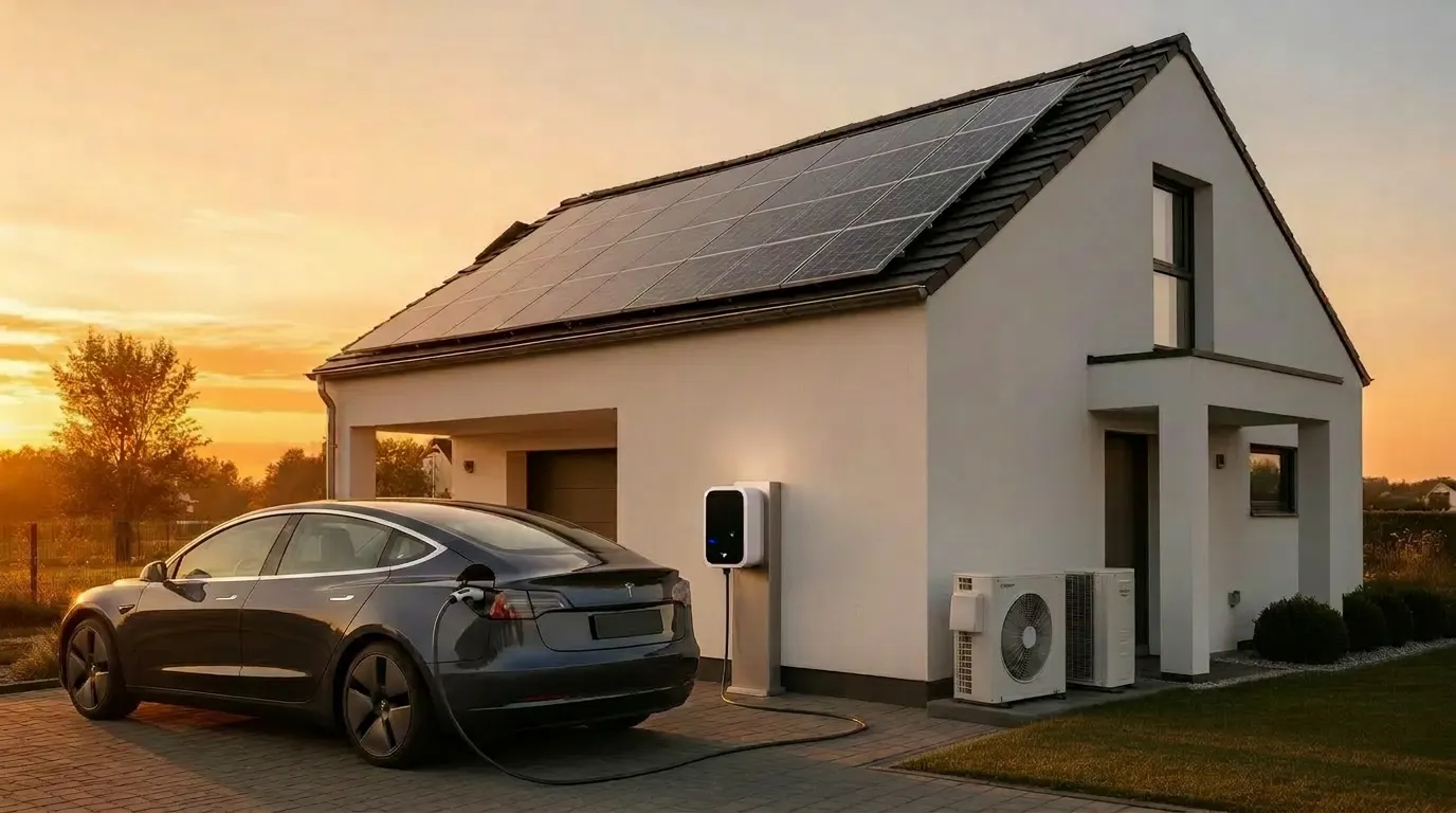 Modernes Haus mit PV-Anlage, Wallbox, E-Auto und Wärmepumpe im Sonnenuntergang