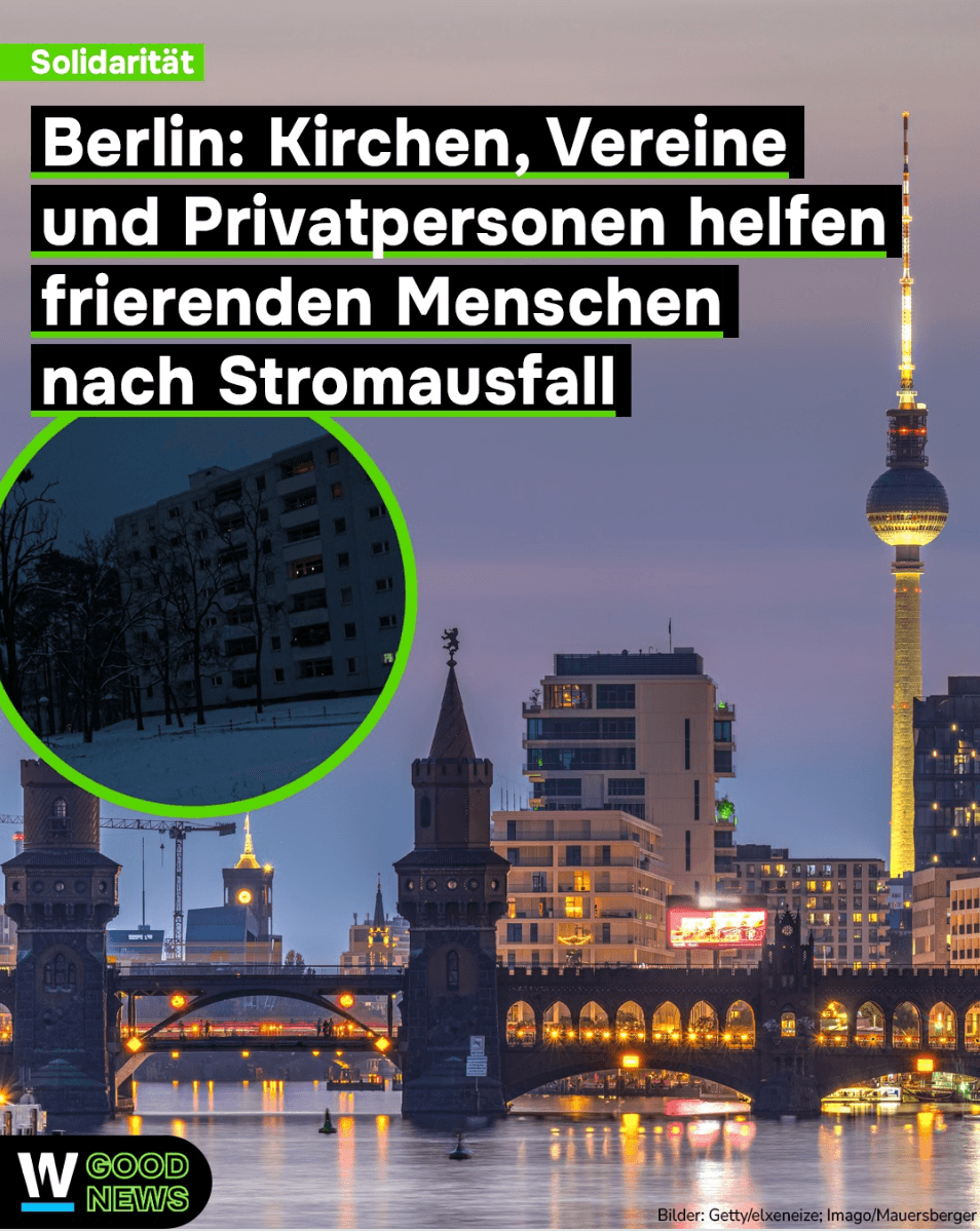 Berlin bei Stromausfall – beleuchteter Fernsehturm und dunkles Wohnhaus